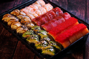 sushi rolls on the table A set of delicious sushi rolls