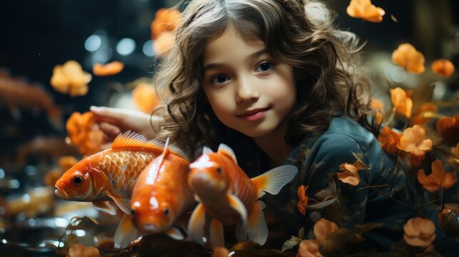 A little Chinese girl 6 yo in a mermaid costume with a mermaid a beautiful fishtail,
