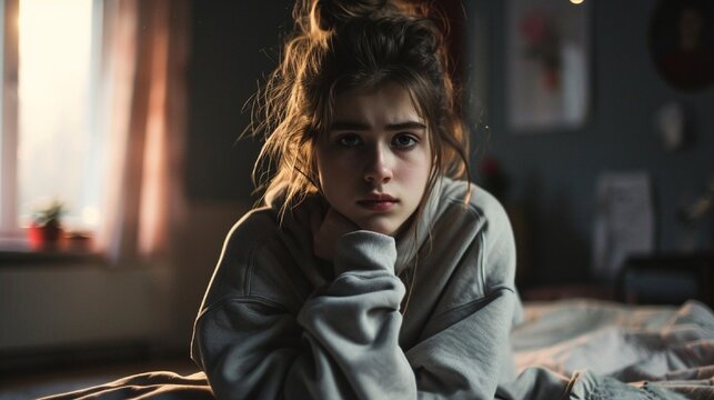 Unhappy depressed teenage girl wearing sweatshirt sitting on bed alone, feeling lonely and misunderstood, stressed sad teenager thinking about troubles