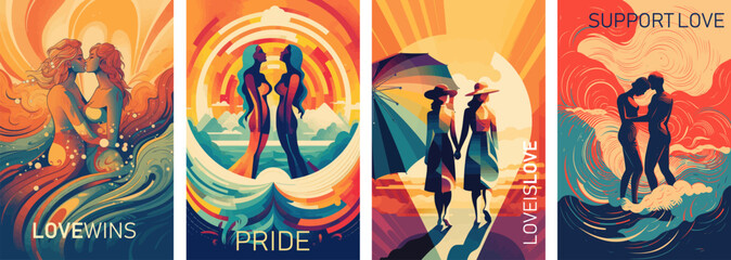 Happy pride month rainbow colors. Vector illustrations of lgbtq, pride, gay and lesbian couple for a greeting card, poster