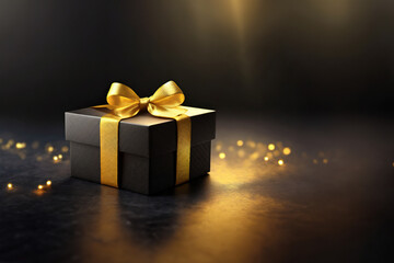 Black gift box on a black dark background, decorated with a yellow textured bow, creating a romantic luxury atmosphere. For Saint Valentines day presents.Copy space.