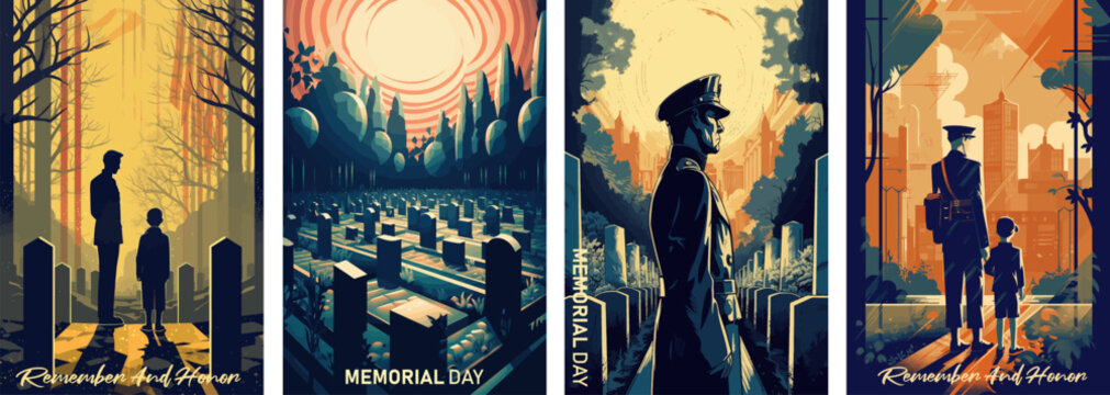 Memorial Day Vector illustration. USA flag, soldier in cemetery and a child on memorial day.Retro greeting card and poster design