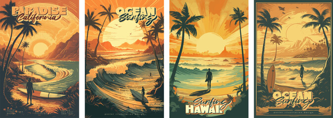Sunset vintage retro style beach surf poster vector illustration - obrazy, fototapety, plakaty