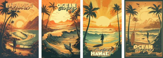 Gordijnen Sunset vintage retro style beach surf poster vector illustration © Mustafa