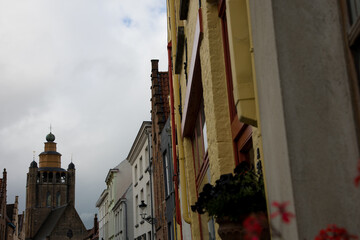 Medieval Town Bruges old city in Flanders in Belgium Europe. Art and culture. Tourists city called the Venice of the North. Ancient medieval architecture gothic buildings, canals, cobbled alleyways