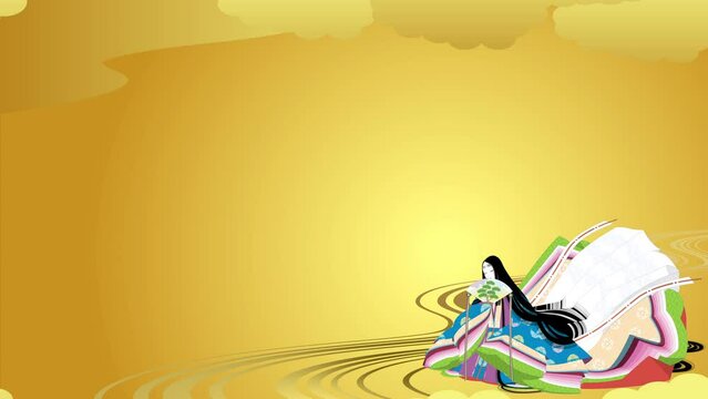 平安絵巻風の十二単衣を着た女性。金の川と雲の背景。イメージイラスト動画