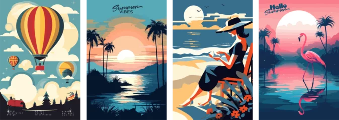 Foto op Plexiglas Set of summer vacation vector illustration posters with seaside landscape, sunbed, woman on vacation, summer sunset, retro and modern style, for a greeting card © Mustafa