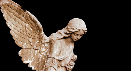 Beautiful angel close-up on a black background. Religion and mysticism