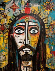 Obraz premium Jesus Christ fresco art. Abstract style design. Wall art print. Generative Ai