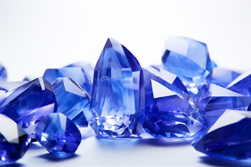 Precious blue sapphire crystals on white background