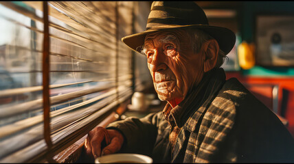 Ein alter Mann in einem Cafe. - obrazy, fototapety, plakaty