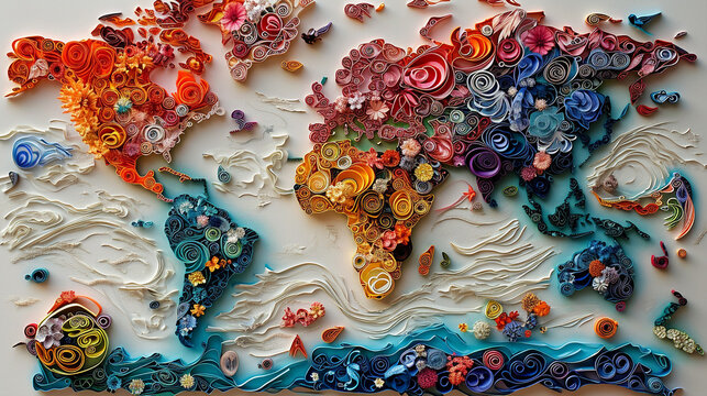 A quilling artwork focusing on a detailed world map, with each continent and country highlighted through different colors and quilling techniques.