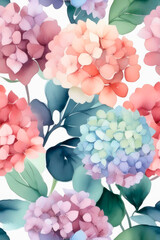 Watercolour floral seamless background with hydrangea flowers, leaf and branches.