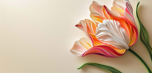 A vibrant quilling art piece showcasing a tulip with a color gradient from bright pink at the base to a delicate white at the tips.