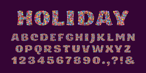 English alphabet with hand drawn doodle colorful circles isolated on dark background. Childish letters. Abc vector illustration