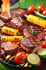 Various of delicious meats and vegetables are baked on grill, outdoors.