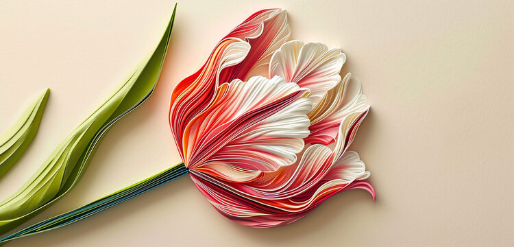 A vibrant quilling art piece showcasing a tulip with a color gradient from bright pink at the base to a delicate white at the tips. 