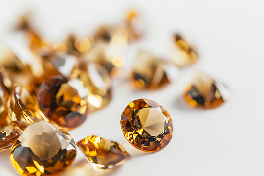 Precious yellow topaz crystals on white background
