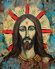 Naklejka premium Jesus Christ fresco art. Abstract style design. Wall art print. Generative Ai
