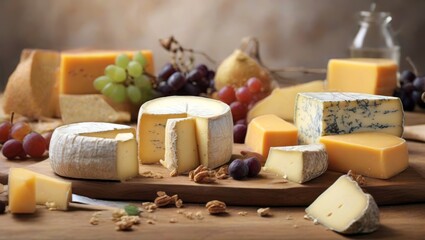 Cheese collection, various types of cheese with grapes and walnuts. Generative AI.