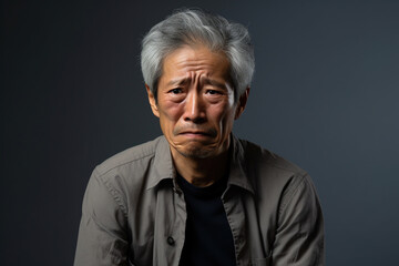 Portrait banner depressed frustrated Asian man suffering from grieve, migraine, feeling stressed, sick, tired, thinking over bad news, crisis depression mental emotional problems concept. Copy paste