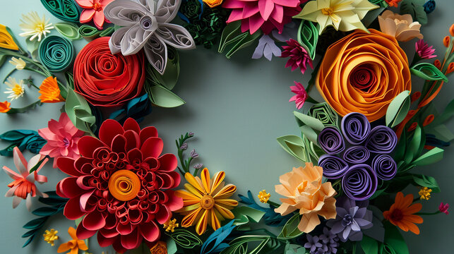 An intricate floral wreath created through paper quilling, featuring a variety of flowers and leaves in a circular arrangement.