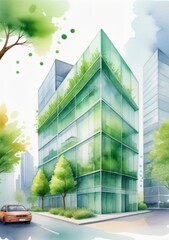 A Watercolor Painting Of A Modern Office Building With Trees And Cars