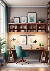 A Modern Home Office With A Wooden Desk And Shelves