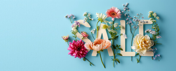 Text sale made of fresh spring flowers on blue colored background, top view. Creative banner for sale and discounts in store, 3d render style.