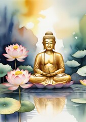 Buddha Statue And Lotus Flowers On Watercolor Background