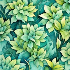 Floral pattern of green leaves. Painted wallpaper texture. Artistic background for designers, packaging, fabric, covers.