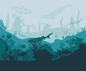 Silhouettes of fish and seaweed against the seabed background. Vector illustration