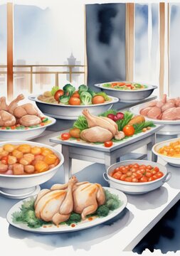 A Painting Of A Table With A Variety Of Food
