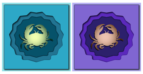 Cut paper style frame with sea crab. Vector illustration