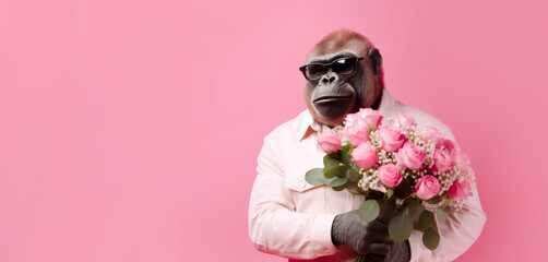 Monkey in a suit with a bouquet of roses on a pink background - obrazy, fototapety, plakaty