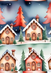 Watercolor Christmas Houses With Trees And Snow