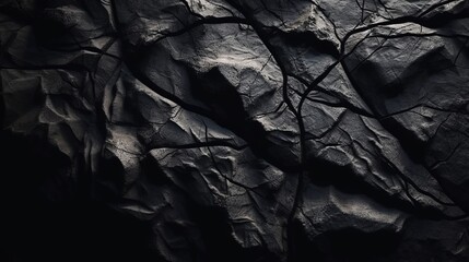 Volumetric rock texture with cracks. Black stone background with copy space for design. Wide banner. Design concept. Banner concept. Art concept. Rock concept. Background concept. Texture concept.