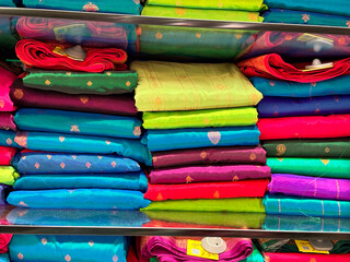 Indian traditional sari Nauvari, which means Nine Yards pattern closeups textile.