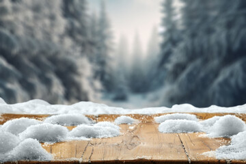Desk of free space and winter background of snow and frost. 