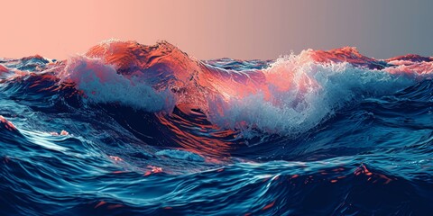 beautiful wave ocean with pink sunset light