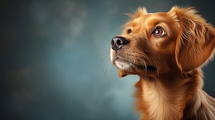 Dog with brown fur looks from right to left, copy space