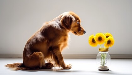Dog sits in front of a vase of sunflowers and looks at them