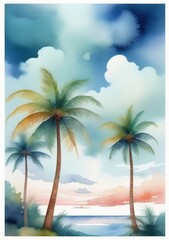 Watercolor Painting Of Tropical Landscape With Palm Trees And Ocean