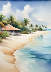 A Painting Of A Beach With Palm Trees And A Hut