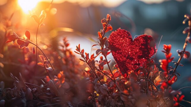  a close up of a heart shaped object in a field of flowers with the sun setting in the back ground.