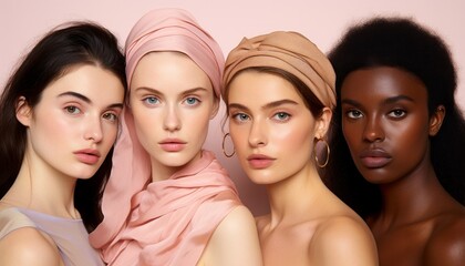 four different models in a row, different skin tones, pink background