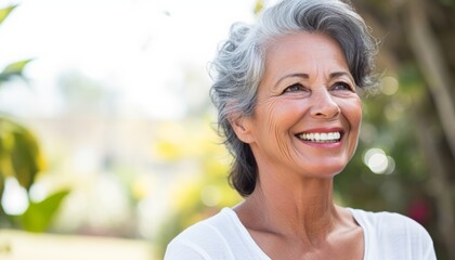 Happy senior woman with gray hair, a winning smile and a white top, copy space