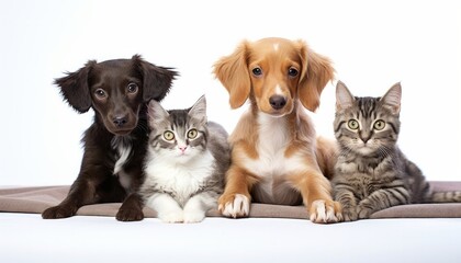 Dog, cat, dog, cat lying harmoniously next to each other on a blanket in the studio, white background