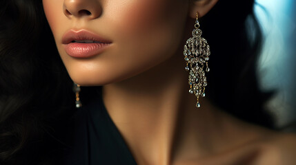 Close-Up Shot of Brunette Woman Wearing Exquisite Jewelry : Elegant Accessories, Fashion Portrait ,Stylish Beauty and Glamorous Adornments 