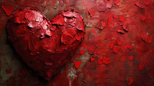  a painting of a red heart on a red and gray wall with lots of paint splattered on it.